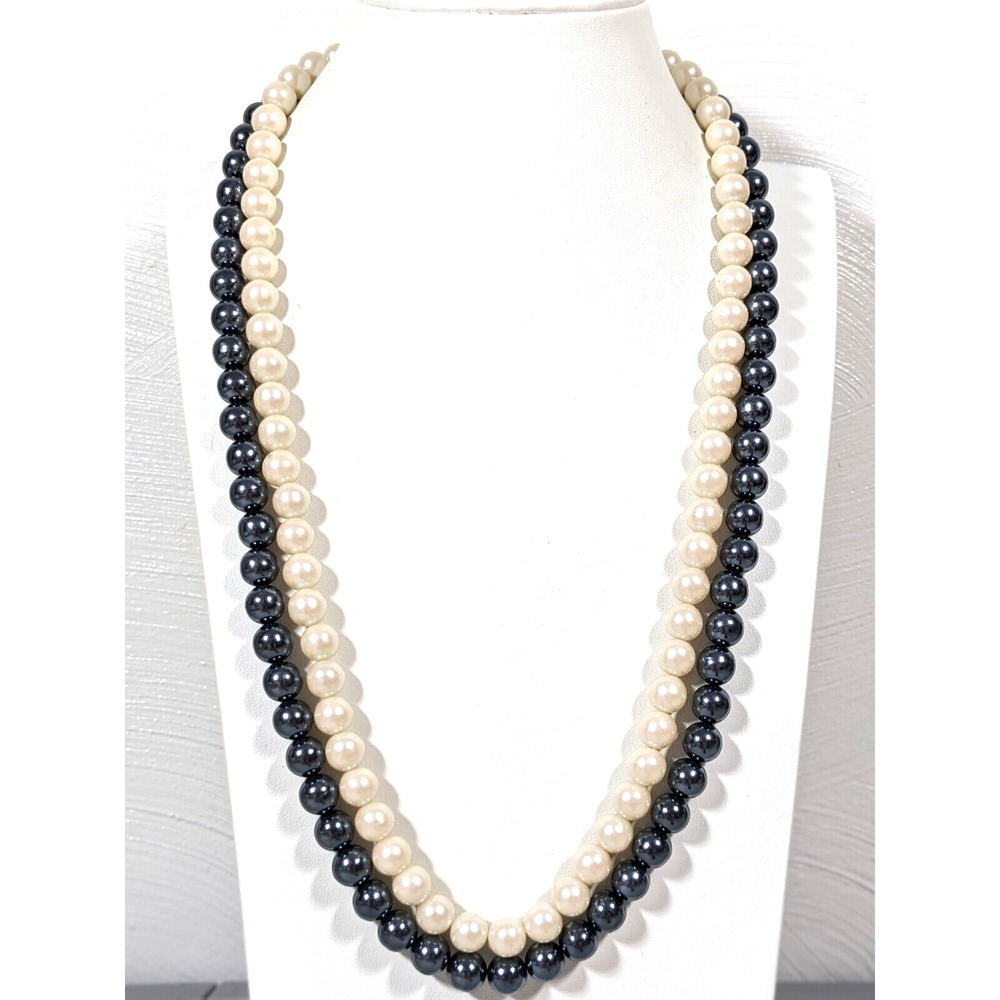 Vintage Neutral Faux Pearl Double Strand Necklace Gray Ivory 23"